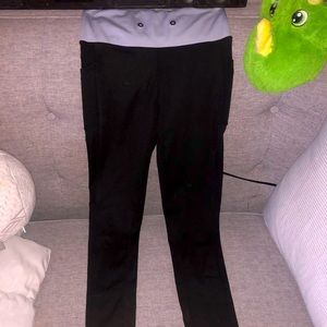 full length black with blue waistband leggings